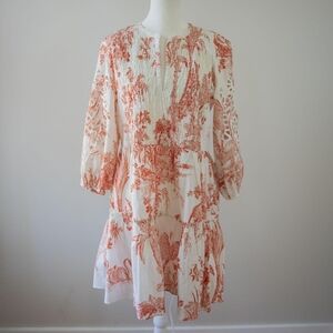 Sachin & Babi Toile Print Shirred Cotton Red Ivory Ruffled Cottage Summer Dress